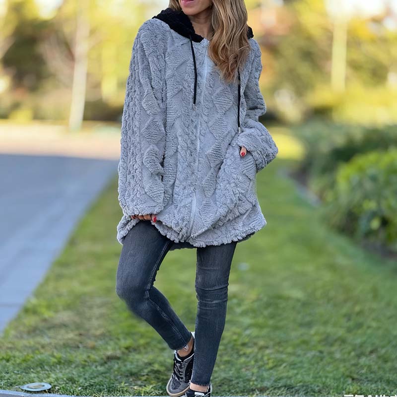 Cozy Warm Furry Hooded Jacquard Coat with Zipper