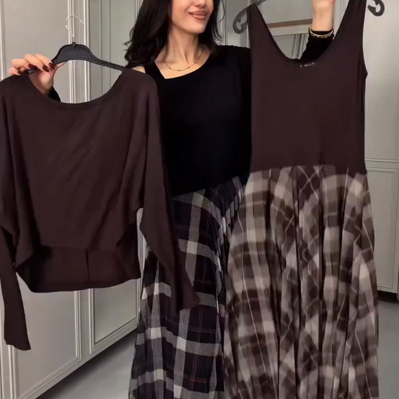 Women's Round Neck Blouse & Sleeveless Plaid Dress 2-Piece Set