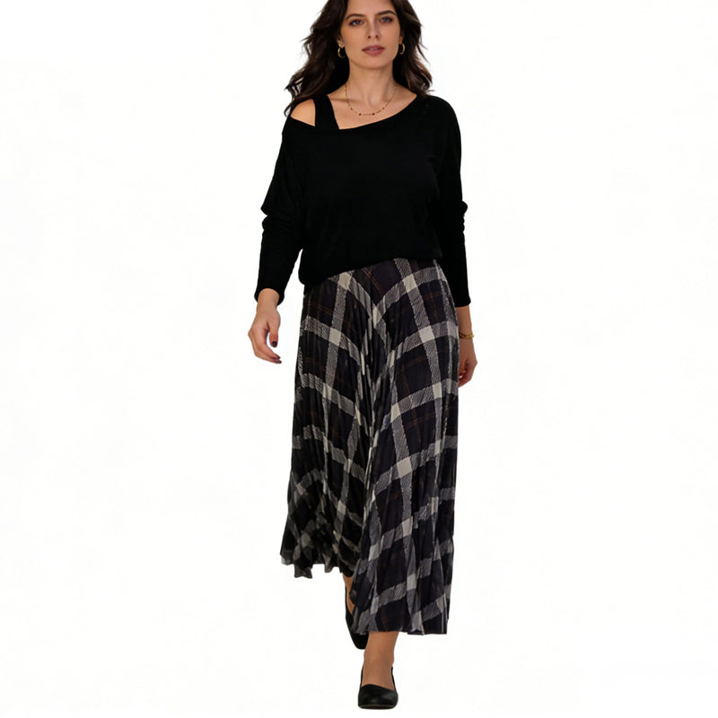 Women's Round Neck Blouse & Sleeveless Plaid Dress 2-Piece Set