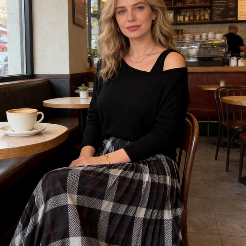 Women's Round Neck Blouse & Sleeveless Plaid Dress 2-Piece Set