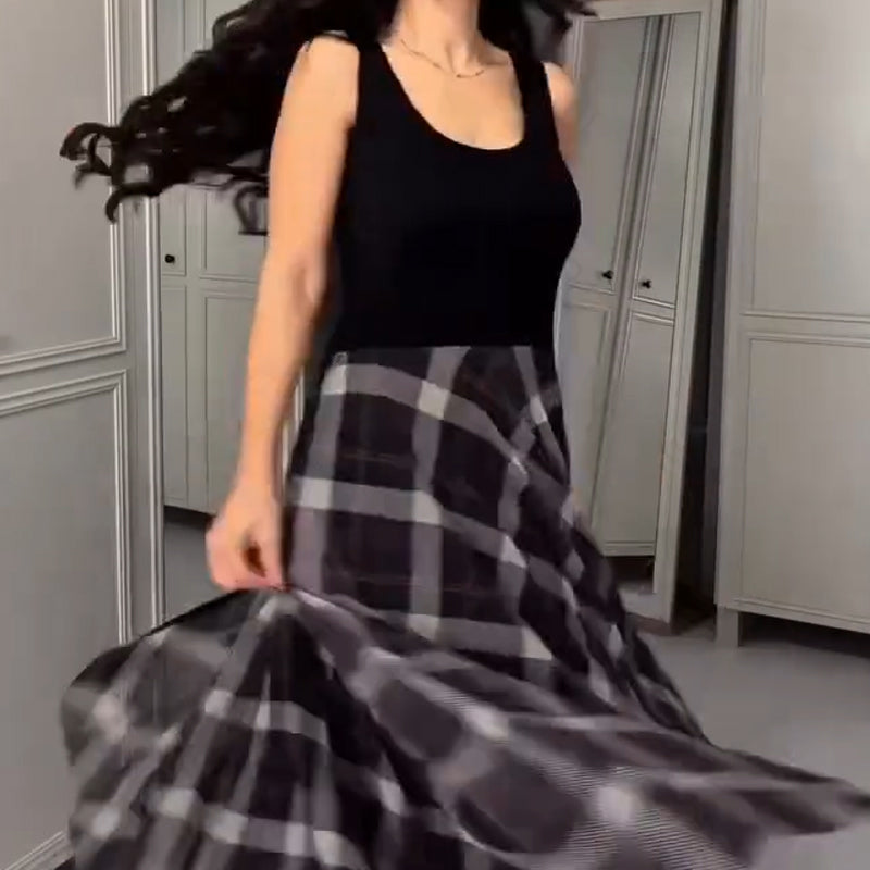 Women's Round Neck Blouse & Sleeveless Plaid Dress 2-Piece Set