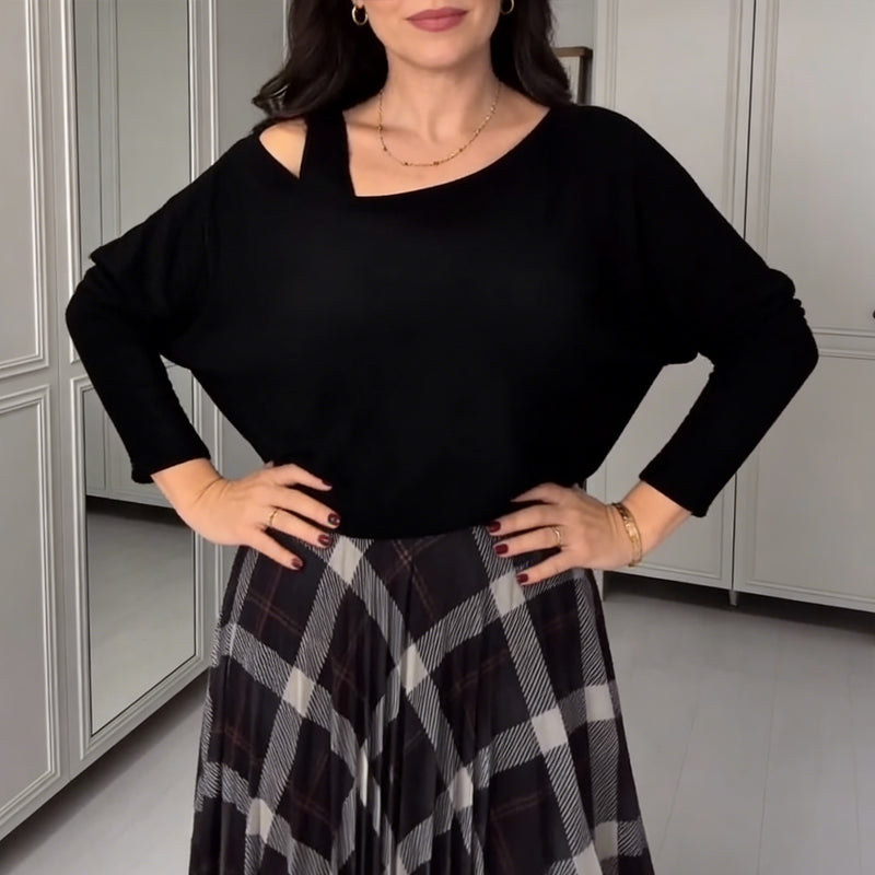 Women's Round Neck Blouse & Sleeveless Plaid Dress 2-Piece Set