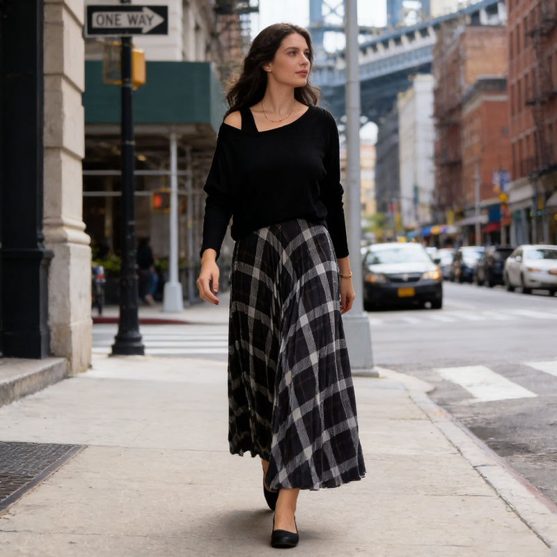 Women's Round Neck Blouse & Sleeveless Plaid Dress 2-Piece Set