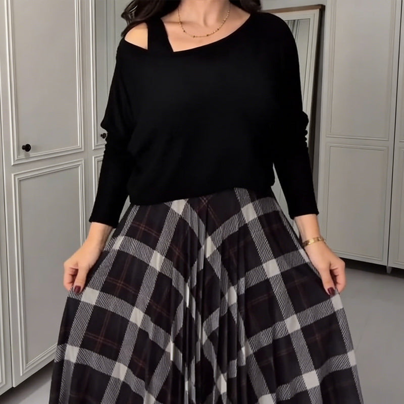 Women's Round Neck Blouse & Sleeveless Plaid Dress 2-Piece Set