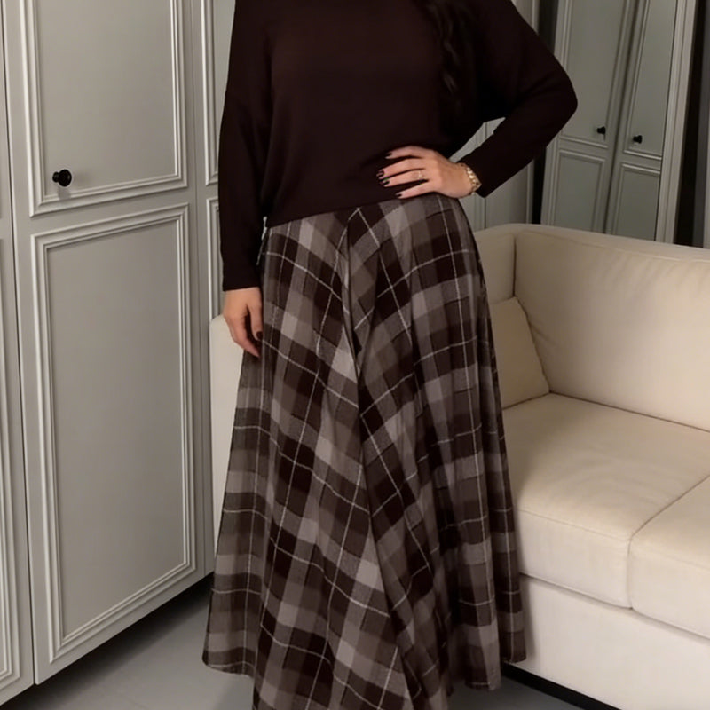 Women's Round Neck Blouse & Sleeveless Plaid Dress 2-Piece Set