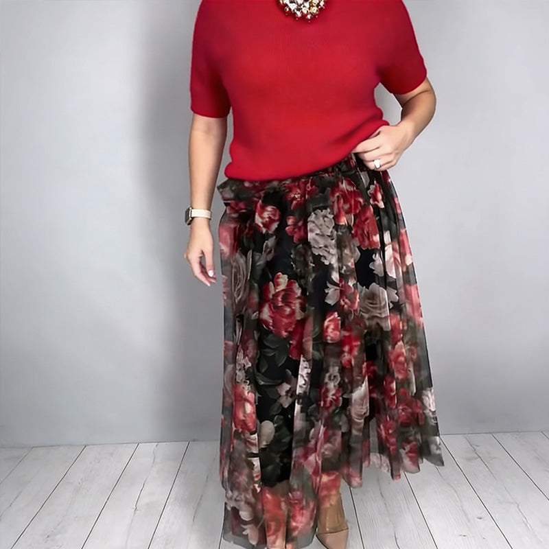 Women's Elegant Knit Top & Floral Skirt Set