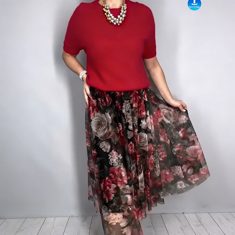 Women's Elegant Knit Top & Floral Skirt Set