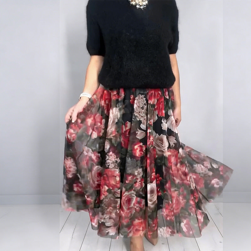 Women's Elegant Knit Top & Floral Skirt Set