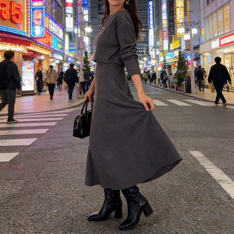 Women's Ribbed Cropped Top & Dress 2-Piece Set