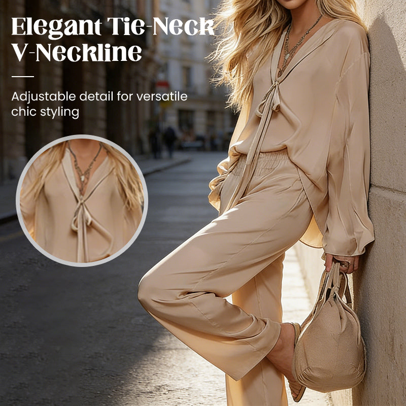 Women's Elegant V-Neck Tie Blouse & Pants 2-Piece Set