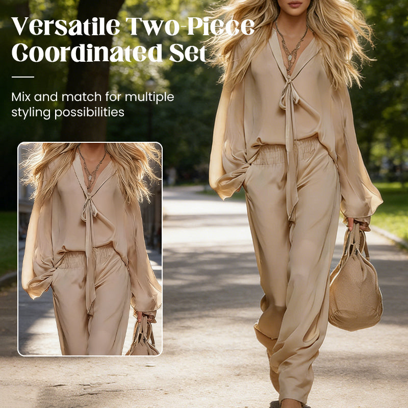 Women's Elegant V-Neck Tie Blouse & Pants 2-Piece Set