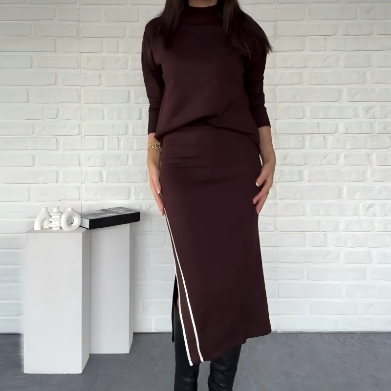 Women's High Neck Top & Side Slit Skirt Set