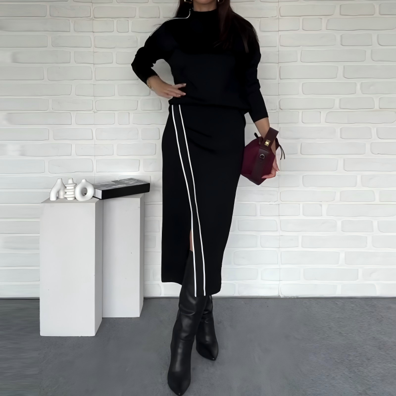 Women's High Neck Top & Side Slit Skirt Set