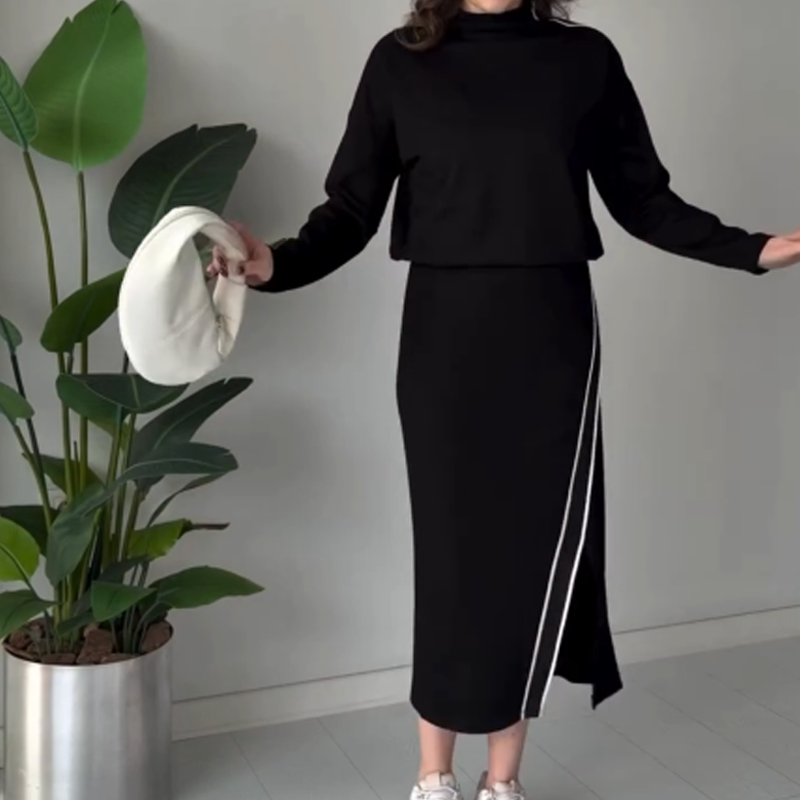 Women's High Neck Top & Side Slit Skirt Set