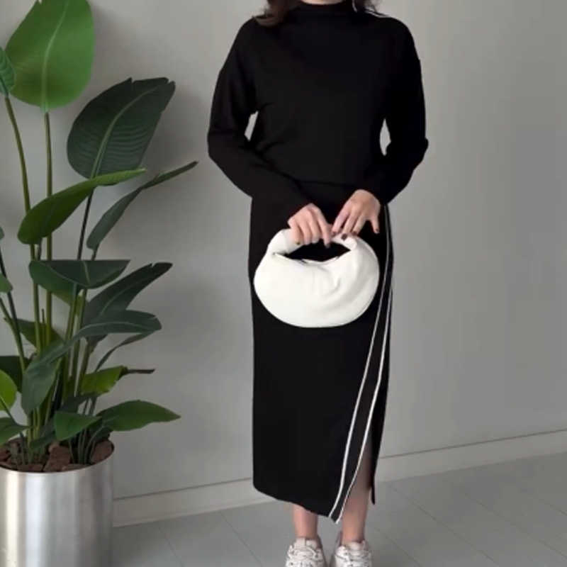 Women's High Neck Top & Side Slit Skirt Set