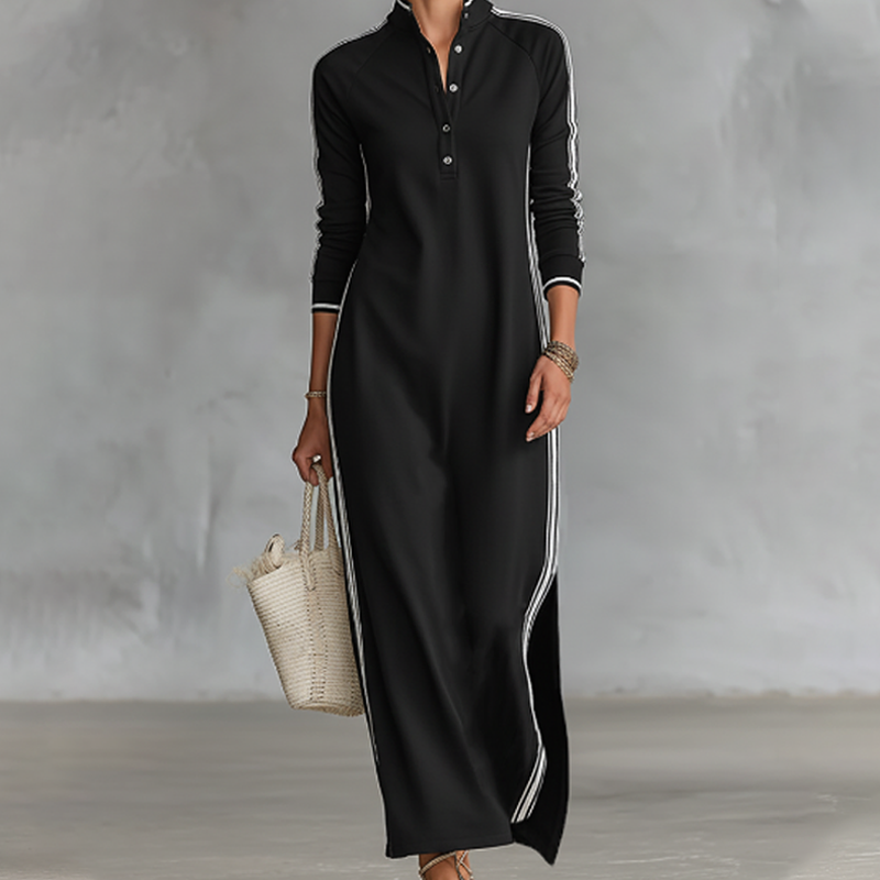 Minimalist Button-Down Collar Dress with Contrast Trim