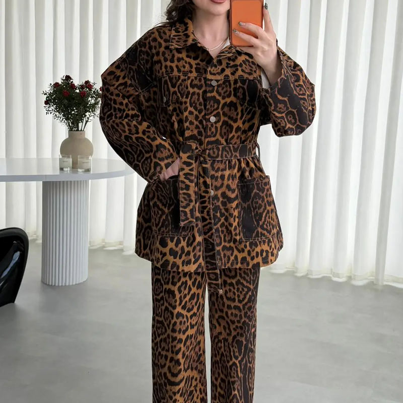 Women's Leopard Print Belted Jacket & Pants 2-Piece Set