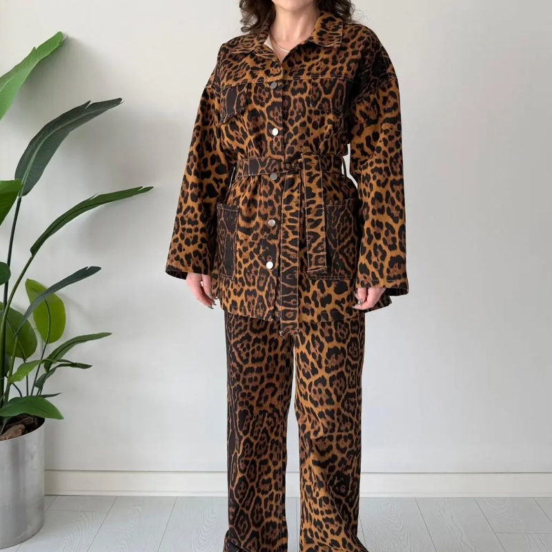 Women's Leopard Print Belted Jacket & Pants 2-Piece Set