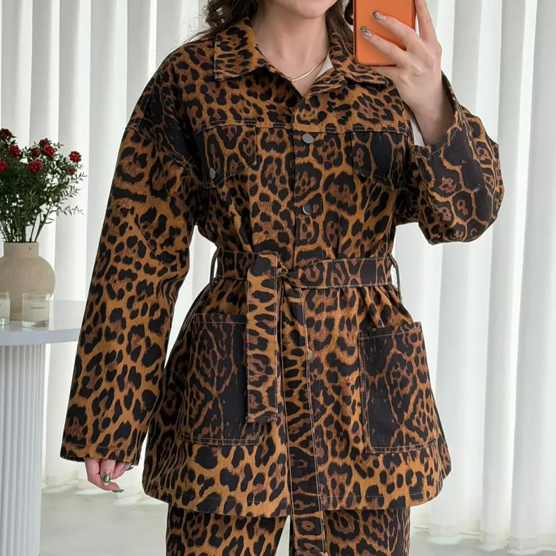 Women's Leopard Print Belted Jacket & Pants 2-Piece Set