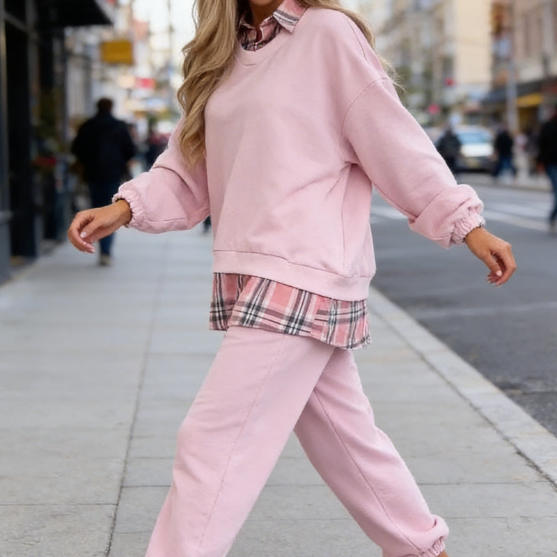Plaid Patchwork Sweatshirt & Pants Set