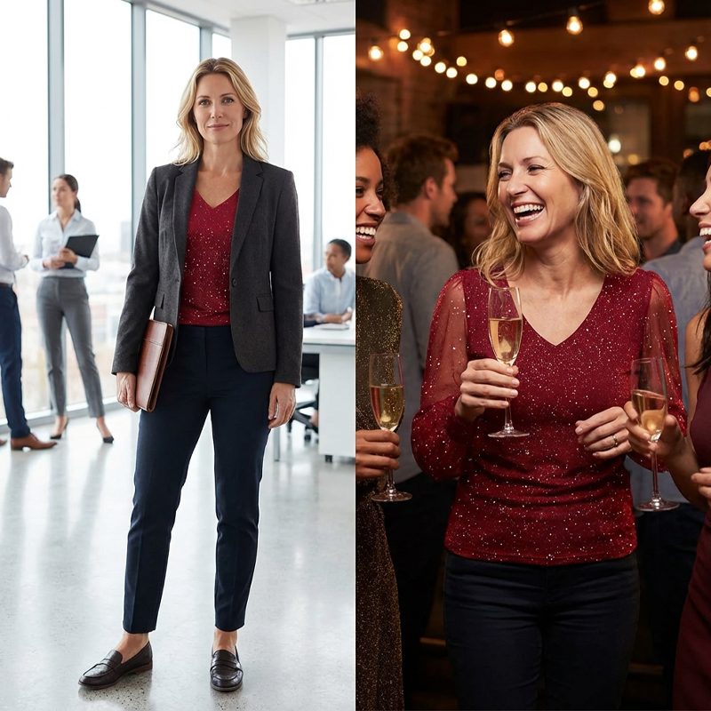 Women's Sparkle V-Neck Sheer Sleeve Top