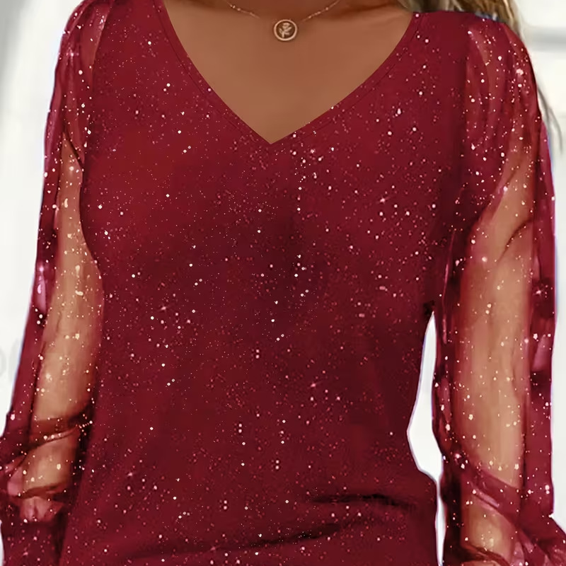 Women's Sparkle V-Neck Sheer Sleeve Top