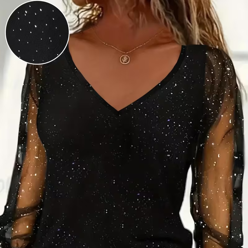 Women's Sparkle V-Neck Sheer Sleeve Top