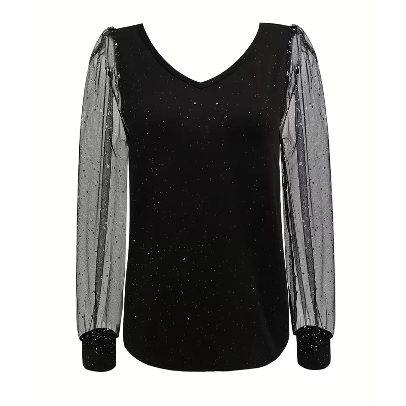Women's Sparkle V-Neck Sheer Sleeve Top