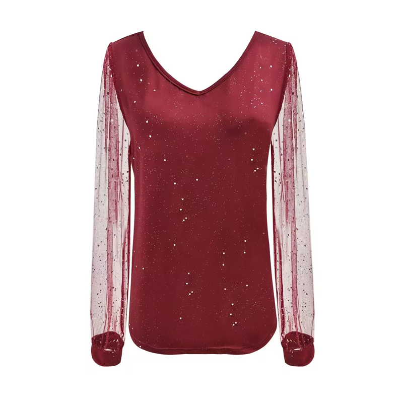 Women's Sparkle V-Neck Sheer Sleeve Top