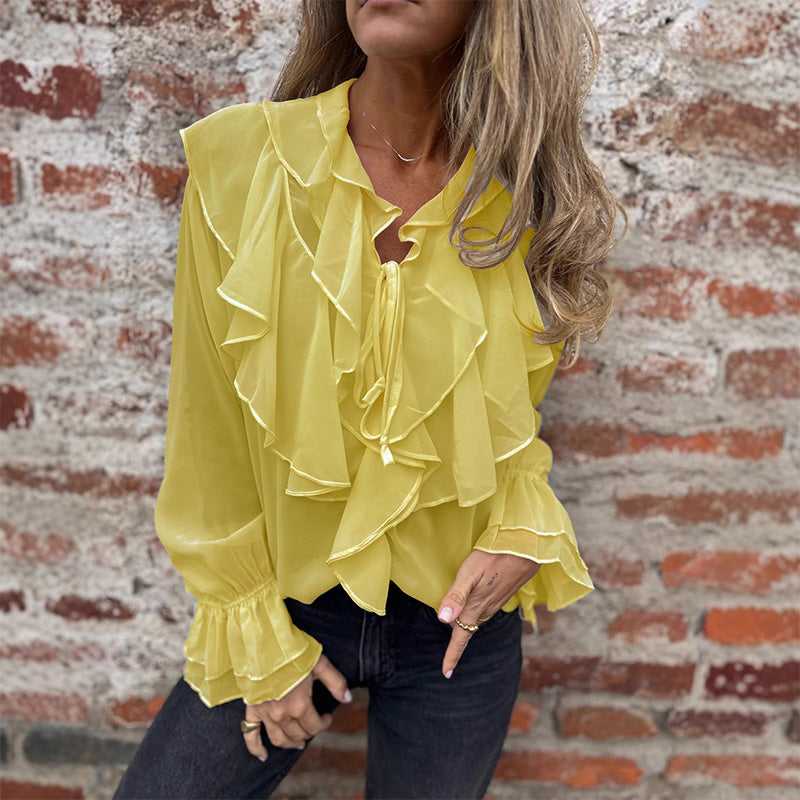 Solid Color Ruffle Bell-Sleeve Top