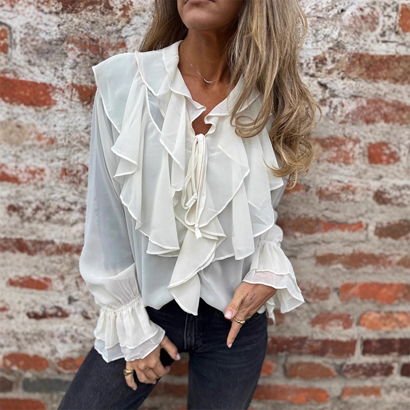 Solid Color Ruffle Bell-Sleeve Top