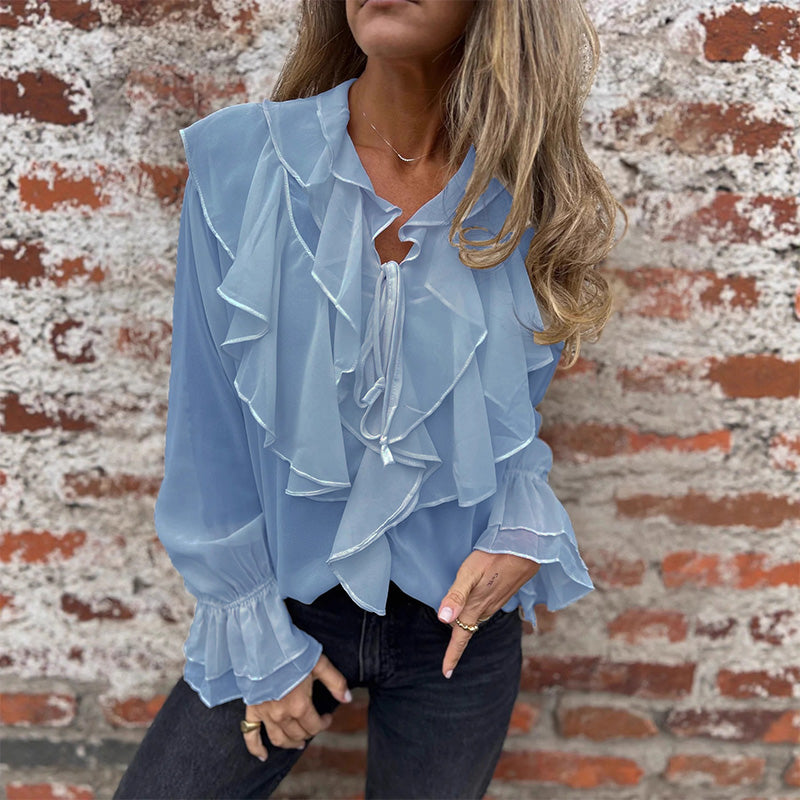 Solid Color Ruffle Bell-Sleeve Top